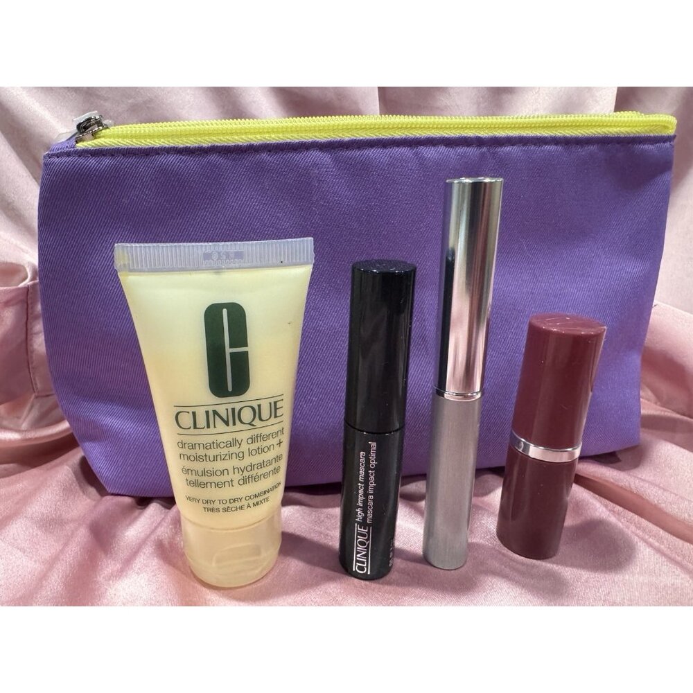 Clinique Skincare Makeup 5 Pcs Deluxe Sample Size Gift Set Purple Yellow Bag